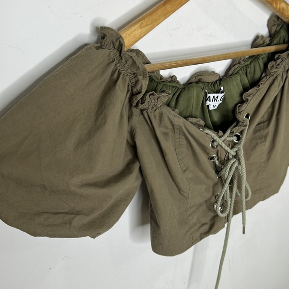 AM GIA Green Off Shoulder Puff Sleeve Lace Up Corset Cropped Crop Top M - Picture 4 of 10